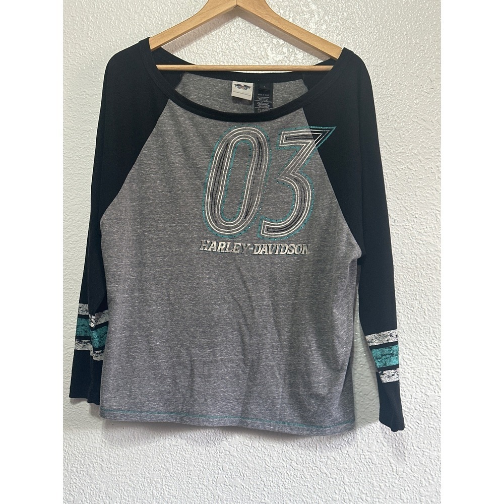 Harley Davidson Womens Graphic Tee Rhinestone 03 Black Grey L